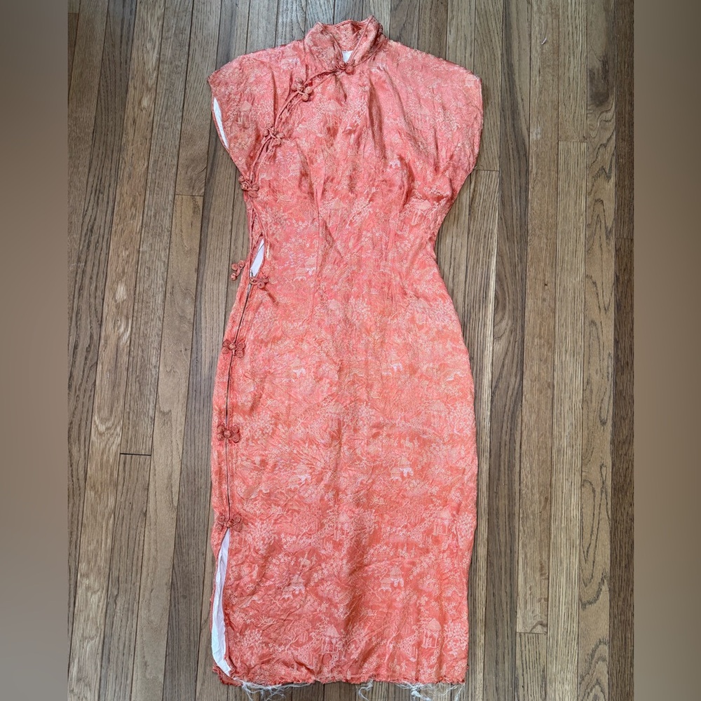 1950s VINTAGE ORANGE CHEONGSAM QIPAO DAMAGED NEEDS REPAIRS